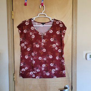 AUW Blouse 1X Floral Sleeveless Maroon Yellow